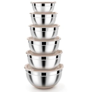 Homikit Rührschüssel Set Edelstahl 6er Set Salatschüssel Luftdichter Deckel Khaki Silikonboden Stapelbar 4,6L/2,8L/2,5L/