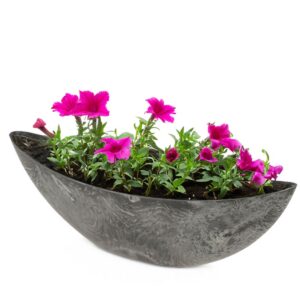 Ovale Pflanzschale für draußen - große Schiff Deko-Schale in schwarzer Stein-Optik - 55 cm Jardiniere für Garten, Balkon