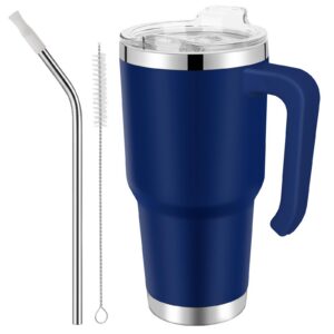 EQARD Thermobecher mit Strohhalm und Henkel für Heißer und Kalter Getränke (Marine, 30OZ Schraubdeckel)