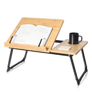 Wishacc Lesen im Bett Buchständer, verstellbarer Bambus Laptop Ständer, mehrere Winkel und Büroklammern, perfekt für Koc