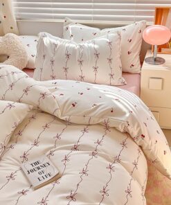 Lanqinglv Bettwäsche Weiß Rot Schleifen Kirsche Muster Kinder ÖKO-TEX Set - Microfaser, Mädchenbett, 135x200cm, Reißvers