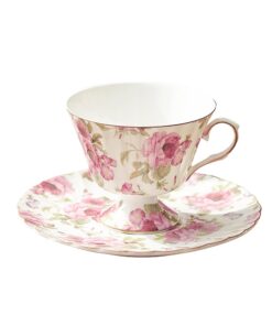 Fanquare Rosa Blumen Kaffeetassen und Unterteller für Frauen mit Gold Rand und Vintage Rose Porzellan, 200ml, China Hers