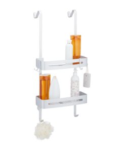 Relaxdays Duschablage Shampoo & Duschgel, ohne Bohren, 2 Duschkörbe, 8 Haken, Aluminium, silber