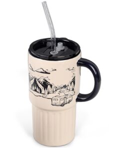 Autumnlife Keramik Trinkbecher mit Deckel und Strohhalm für Heiße Kalte Getränke, 650 ml Reisebecher Hellbeige