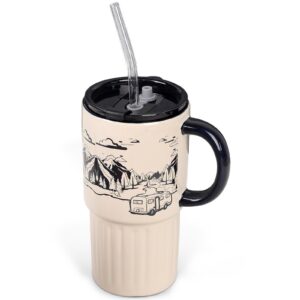 Autumnlife Keramik Trinkbecher mit Deckel und Strohhalm für Heiße Kalte Getränke, 650 ml Reisebecher Hellbeige