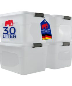PROREGAL Aufbewahrungsbox mit Deckel 30L im 4er Set Klein Plastikbox transparent stapelbarVerschlussclips Stapelbox Kuns