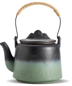 ZENS Design Japanische Teekanne Schwarz & Bohne grün, Keramik mit Eingebautes Sieb und Hanfseilgriff für Teeliebhaber