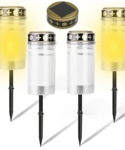 4er-Set Solar LED Grablicht mit Erdspieß für Grab Beleuchtung und Außenbereich - Dauerlicht - Grableuchten in Weiß - Ide