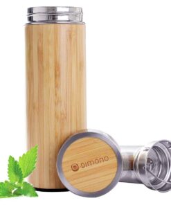 Dimono Thermobecher mit Teesieb doppelwandig Edelstahl Bambus 400ml - Reisebecher Tee to go Teamaker