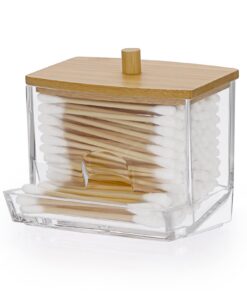 SUMTree Acryl Qtip Spender mit Bambusdeckel für Zahnseide Tupfer, Vorratsglas Kanister für Badezimmer, Apothekerglas in