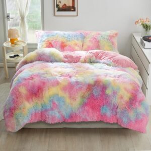 YASMENG Winter Plüsch Bettwäsche Regenbogen Bunt für Kinder Weich Kuschelig mit Reißverschluss 2 Teilig OEKO-TEX