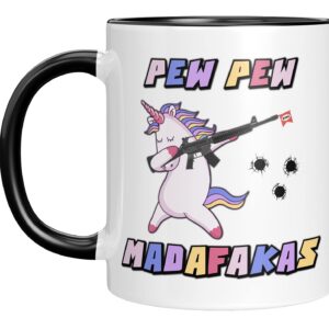 TassenTicker - Kaffeetasse mit Pew Pew Madafakas Spruch - schießendes böses Einhorn - beidseitig bedruckt Geschenk (Schw