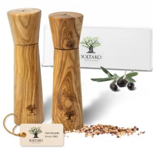 SOLTAKO Olivenholz Salz- und Pfeffermühlen 2er Set "La Molina" - Pfeffer und Salzmühle aus Oliven Holz für Essenz und Qu
