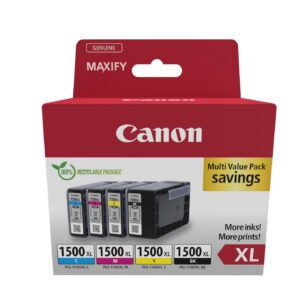 Canon PGI-1500 XL C M Y BK Vorteilspack 4 Tintenpatronen Umweltfreundliche Verpackung (Schwarz XL, Cyan XL, Magenta XL,