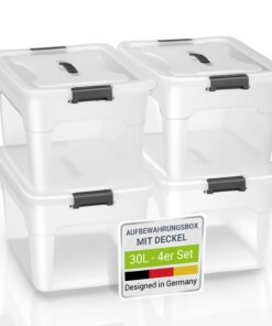 Juskys 4er Set Kunststoff Aufbewahrungsboxen 30l - groß, stapelbar, transparent - Ideal für Ordnung im Heim und Büro