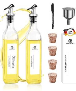 Olivenölspender Glas 500ml, silbrig, zum Befüllen bei BBQ und Kochen, stilvolle Weiße Etiketten, 2 Ölflaschen mit Ausgie