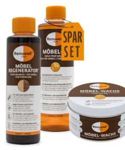 Renuwell Möbel-Regenerator - Holzpflege mit Schweizer Qualität, Leinöl-Firnis 500ml, naturell farblos - Pflegeset für Mö