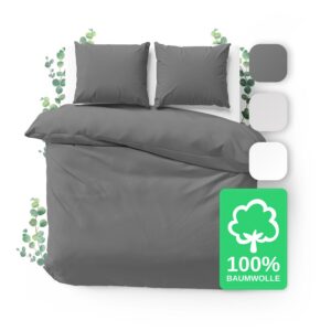 JACOBSON Bettwäsche 200x220 Set - 100% Baumwolle, Perkal, Anthrazit, OEKO-TEX, 3-teilig