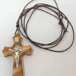GTBITALY Kreuz des heiligen Benedikts Lac Halskette aus Olivenholz für Männer und Frauen mit Schnürung 5 cm