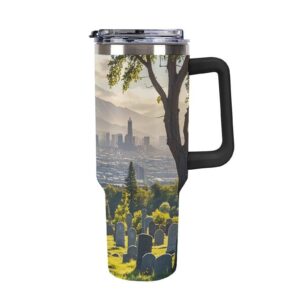 AQRJLPM Friedhof außerhalb der Stadt -isolierter Reise-Kaffeebecher, Edelstahl, 1,2 l, für kalte und heiße Getränke, mit