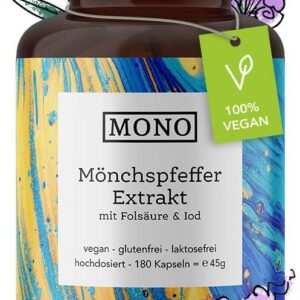 Mönchspfeffer Kapseln 4:1 inkl. Iod und Folsäure für Frauen - ohne Zusätze - 180 Stück - high-dosiertes Vitex Agnus Cast