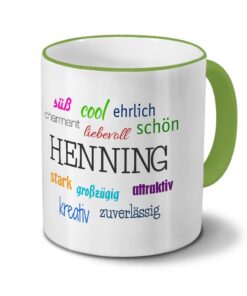 printplanet Tasse mit Namen Henning Grün - Namenstasse Kaffeebecher Positive Eigenschaften
