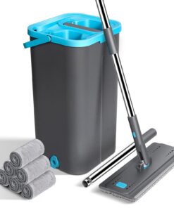 MASTERTOP Wischmop Set mit Eimer und Bodenwischer für Alle Bodentypen, 6 Mikrofaser Wischpads und Edelstahlgriff, Grau+B