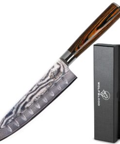 Wolfblood Damastmesser Santoku Messer XL (30cm) TÜV geprüfter 62 HRC Damaststahl aus 67 Lagen