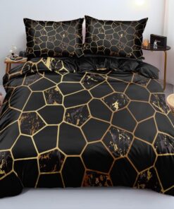 Luowei 3D Schwarz Gold Waben Bettwäsche Set für Modebewusste mit Reißverschluss und Kissenbezüge