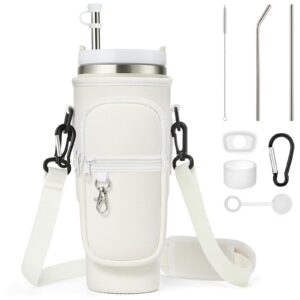 Enbagold Stanley Cup Wasserflaschenhalter Tasche 40oz - Riemen, Telefontasche und Auslaufsicheres Zubehör (Cream Weiß)