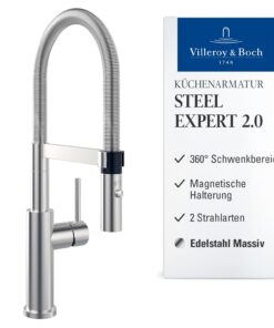 Villeroy & Boch Steel Expert |0 Hochdruck-Küchenarmatur Edelstahl massiv mit Umschaltfunktion und 360° schwenkbarem Ausl