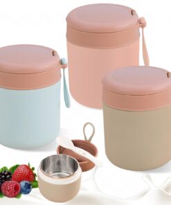 Edelstahl Thermobehälter für Essen: Vakuum Isolierte Thermo Lunchbox, Warmhaltebehälter Essen to go (Blau+Rosa+Weiß) E