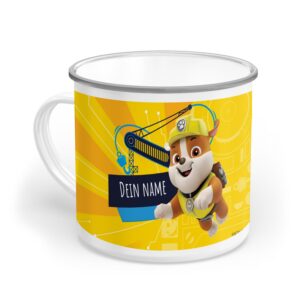 PICANOVA Kindertasse mit Namen PAW Patrol Rubble – Personalisierte Geschenke für Kinder – Dauerhafte Emaille Tasse 300 m