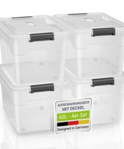 Juskys 4er Set Aufbewahrungsboxen 60l - groß, stapelbar, transparent - Ordnungssystem für Haus und Büro