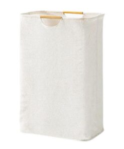 Fousenuk Wäschesammler Faltbar Waschkorb mit Holzgriff für Schlafzimmer und Badezimmer - 39x53x27 cm - Weiß