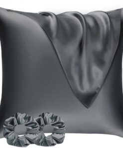 Kissenbezug Satin 80x80 Dunkelgrau, Weich wie Seide & 2 Haargummis, OEKO-TEX Standard 100 Pflegepflichtiges Kopfkissenbe