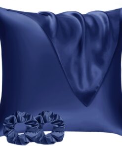 Satin Kissenbezug 80x80 2er Set & Haargummi - Weich wie Seide, Dunkelblau, OEKO-TEX Standard 100