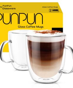 PunPun Große klare Kaffeetassen 2Er-Set Isolierte Glasbecher Mit Jumbo-Bechern