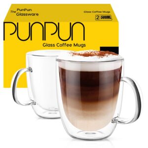 PunPun Große klare Kaffeetassen 2Er-Set Isolierte Glasbecher Mit Jumbo-Bechern