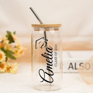 Persönliche Cocktailgläser mit Deckel und Strohhalm, Abi 2024 Geschenke, Eiskaffee Gläser mit Name