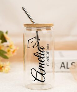 Persönliche Cocktailgläser mit Deckel und Strohhalm, Abi 2024 Geschenke, Eiskaffee Gläser mit Name