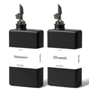 Ölflasche mit Ausgießer und Ölspender für Olivenöl, Küchen Accessoires Set mit 40 Aufklebern und Trichter (500ML Schwarz