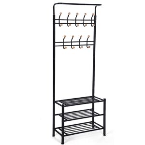 SONGMICS HSR04B Kleiderständer für Schlafzimmer mit 3 Schuhablagen und 18 Haken, metallschwarz, 187 x 68,8 x 35,2 cm Tre