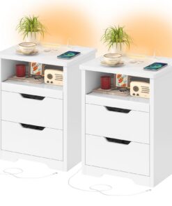 TEENFON Nachttisch 2er-Set mit LED-Beleuchtung & USB/Type-C Schnellladung für Wohnzimmer und Schlafzimmer - Moderner Bei