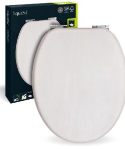 aquaSu® Holz WC-Sitz mit Absenkautomatik, Schnellbefestigung, Weiß gekalkt, für Badezimmer, robust, ovaler O Form WC-Dec