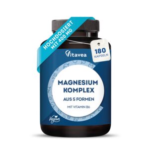 Vitavea Hochdosierter Magnesiumkomplex 400mg 180 Kapseln - Vegan, Mit Vitamin B6, Für Sportler & Alleenmenschen - Liposo