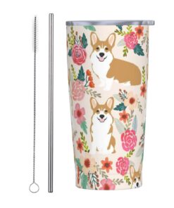 Melbrakin Corgi Flowers Edelstahl Skinny Tumbler für das Heimbüro mit Isolation und Reinigungsbürste