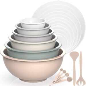 AIKKIL Rührschüssel 6er Set, Plastik Salatschüssel mit Deckel für Familie, ideal zum Mischen und Servieren(Khaki, 18er S
