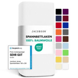Jacobson Jersey Spannbettlaken für Erwachsene zur Sommersaison - Baumwollqualität, OEKO-TEX STANDARD 100, Weiss (90x200-