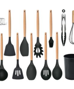 Küchenhelfer-Set Silikon hitzebeständig antihaftbeschichtet Kochutensilien-Set mit Holzgriff (Schwarz)